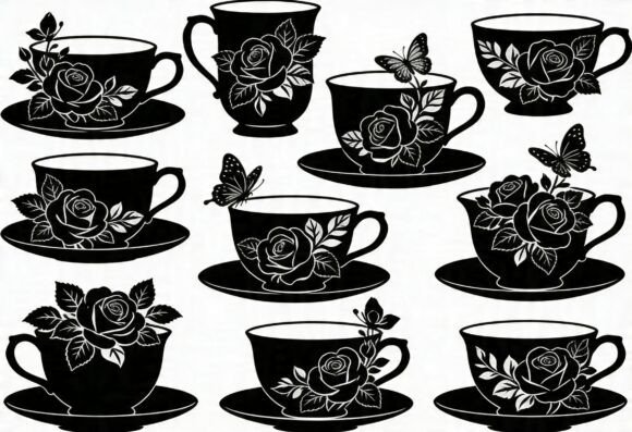 Rose Butterfly Tea Cup Svg Black White